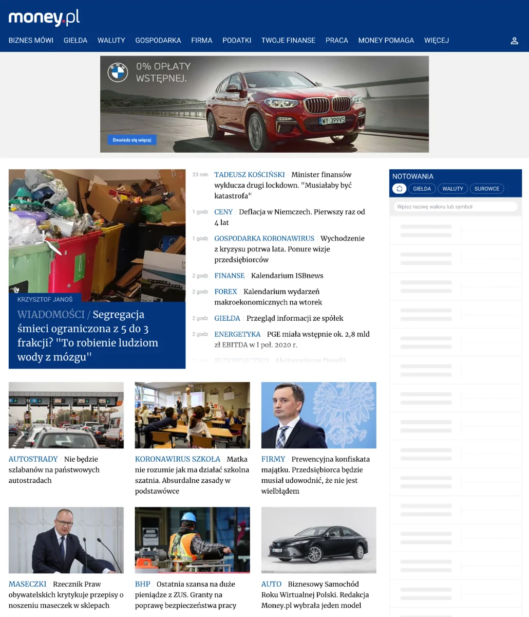 Before Screenshot — stara strona główna money.pl przed redesignem